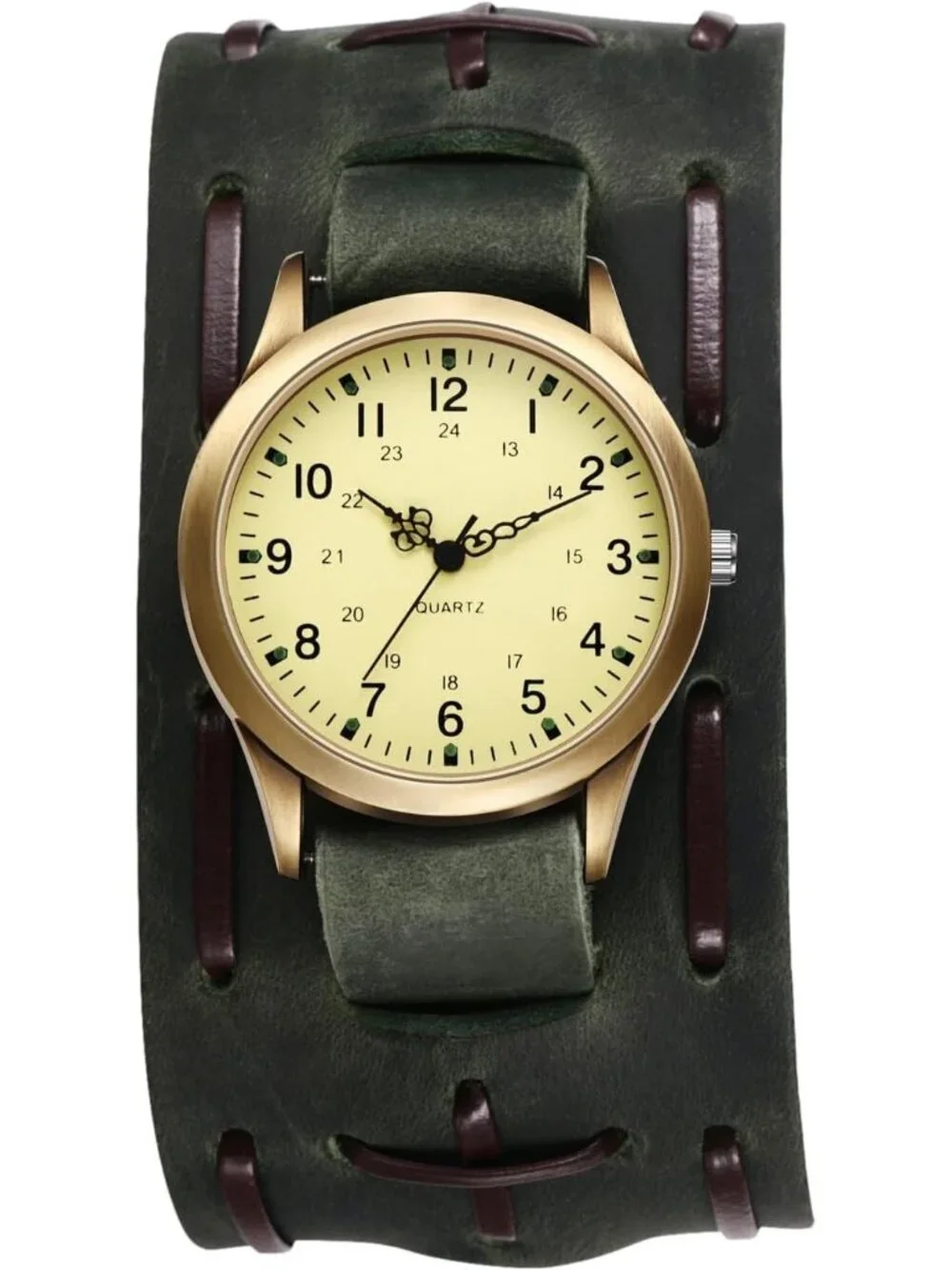 Unisex Green Analog Quartz Arabic Numerals Leather Strap Vintage Wrist Watch
